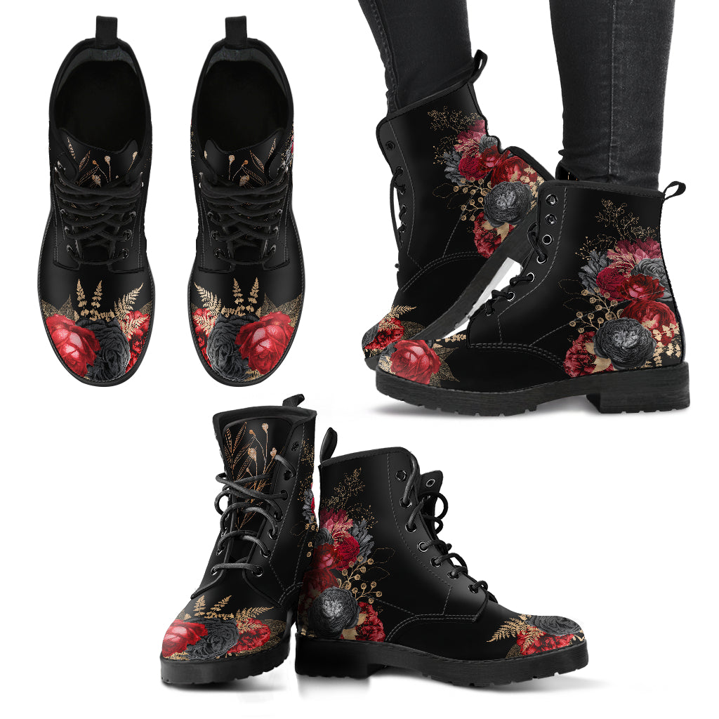 Goth ankle boots, black roses, red roses vegan boots