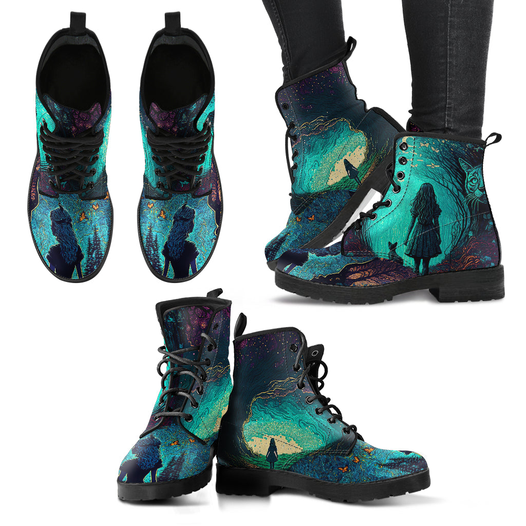 artistic Alice in Wonderland ankle boots blue-green starry sky