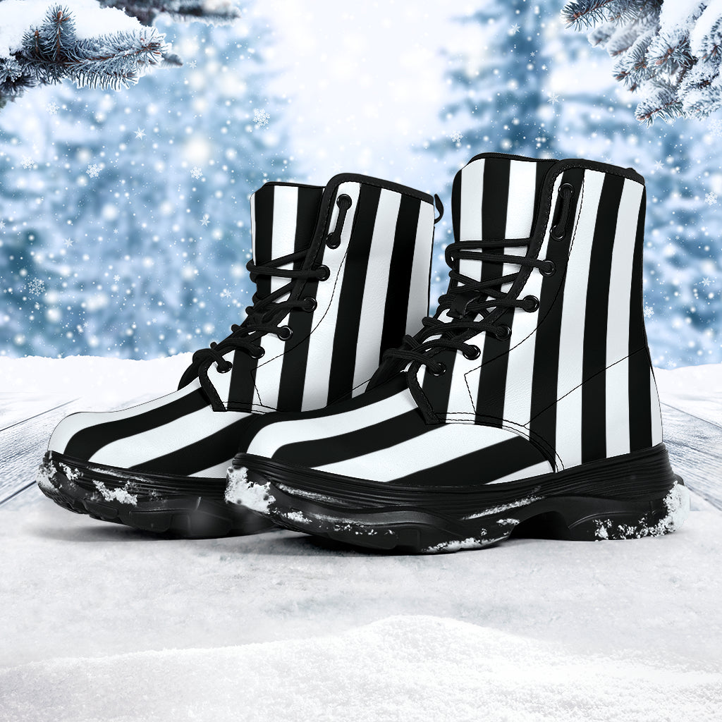 Black White Stripes Chunky Boots