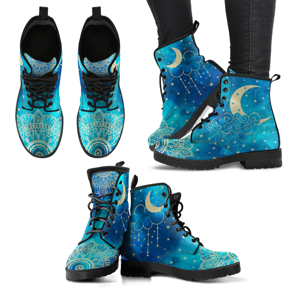 blue celestial magical moons and mandala boots