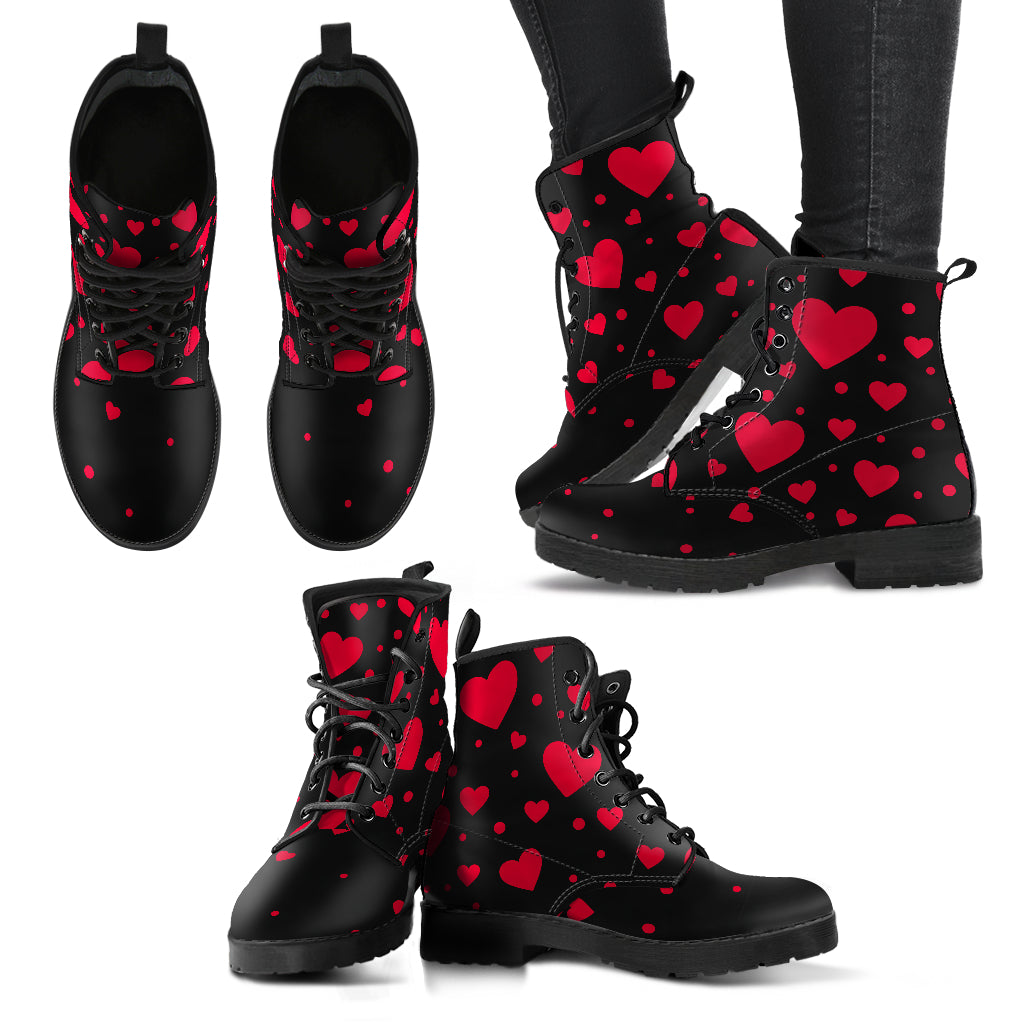 falling red hearts black ankle boots, lace up boots, vegan boots