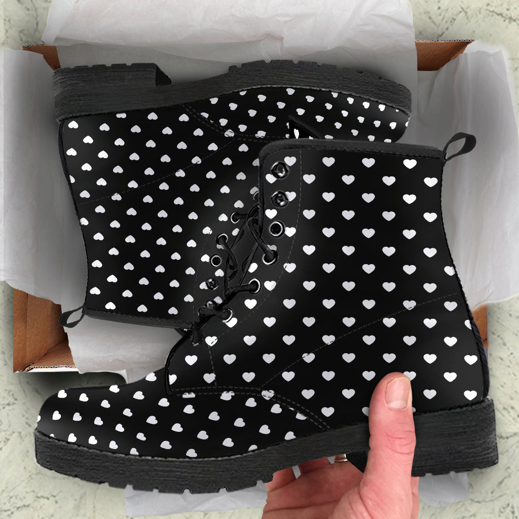 Black white tiny heart boots, lace-up ankle boots for me and women