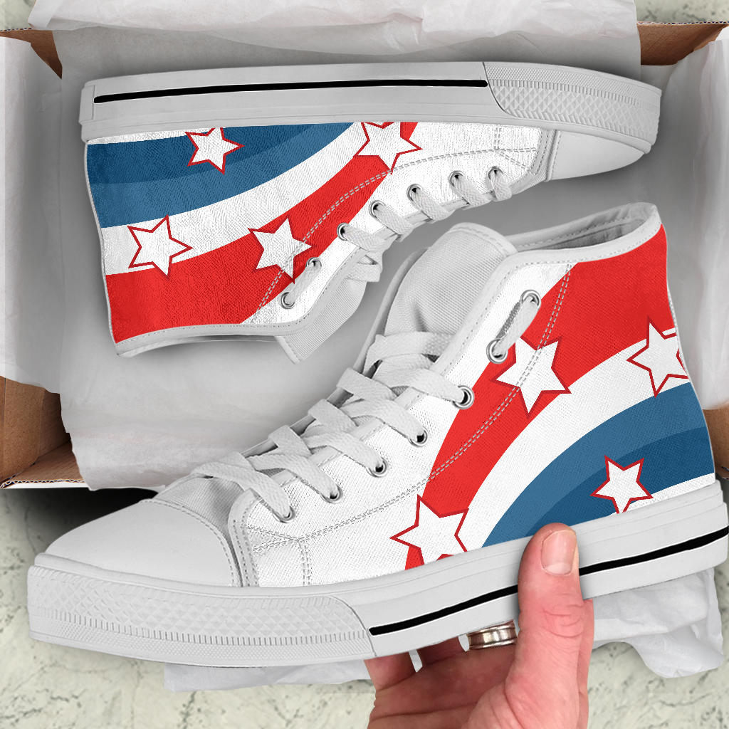 retro patriotic shoes, red white blue high top sneakers