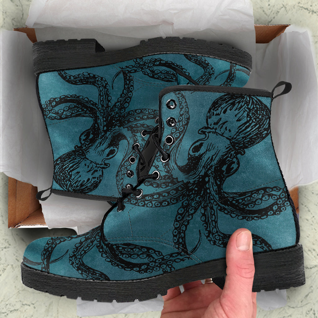 Blue Octopus Vegan Steampunk Boots