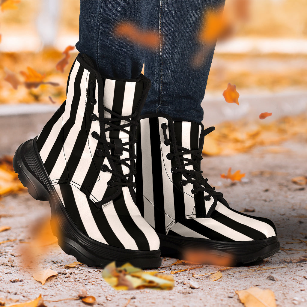 Black White Stripes Chunky Boots