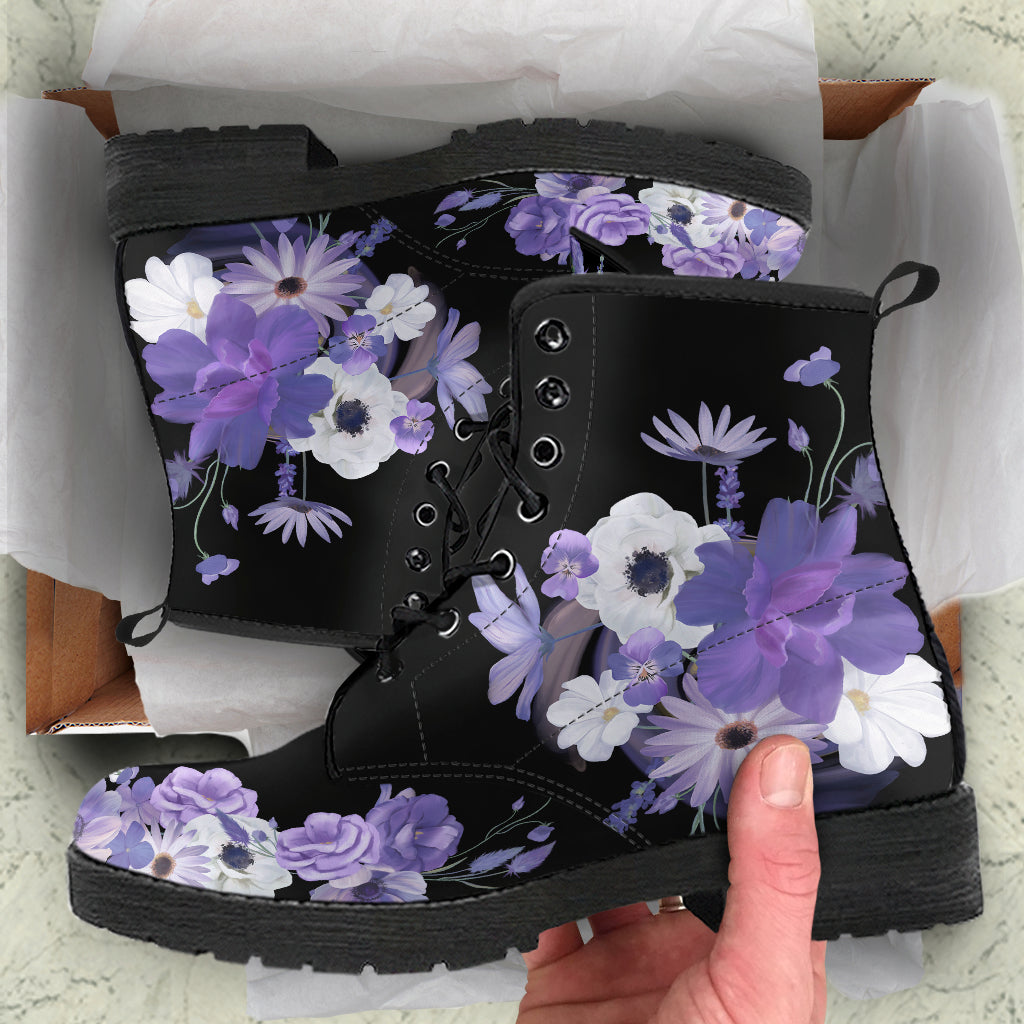 purple flowers ankle boots, lace up purple floral boots