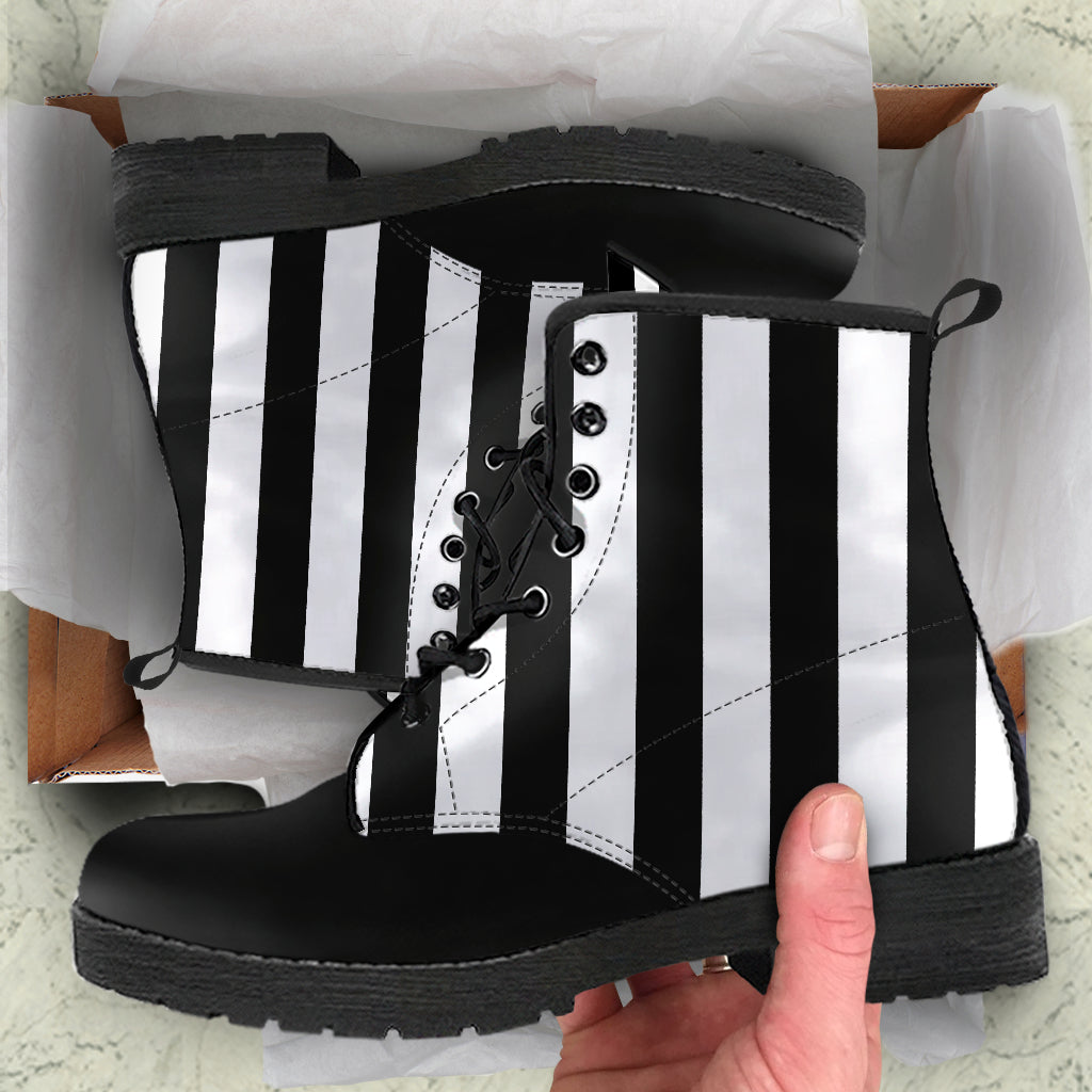 Black White Wide Striped Vegan Boots Mens Womens