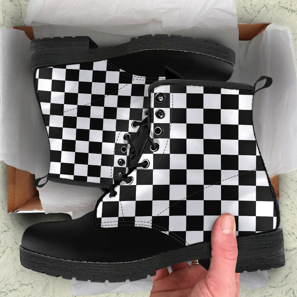 Black White Checkered Vegan Boots Mens Womens
