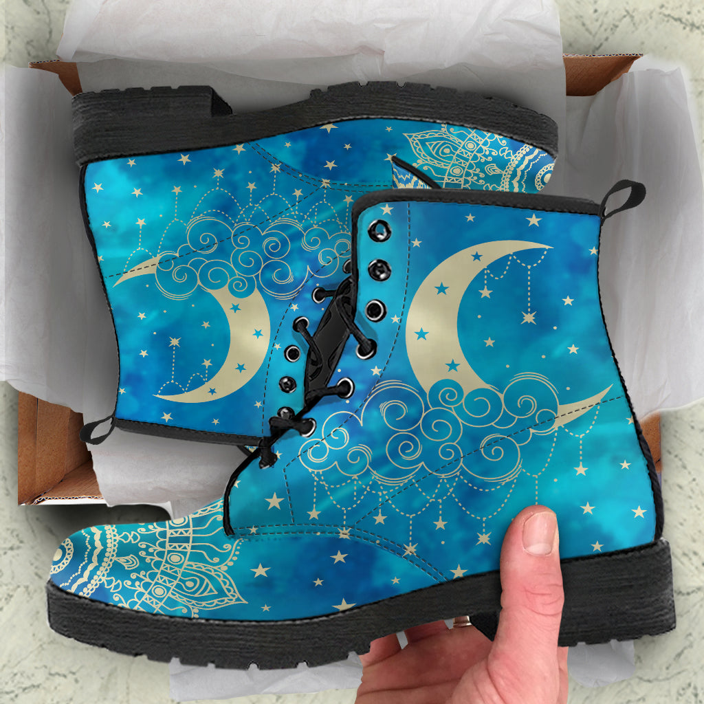 blue celestial magical moons and mandala boots