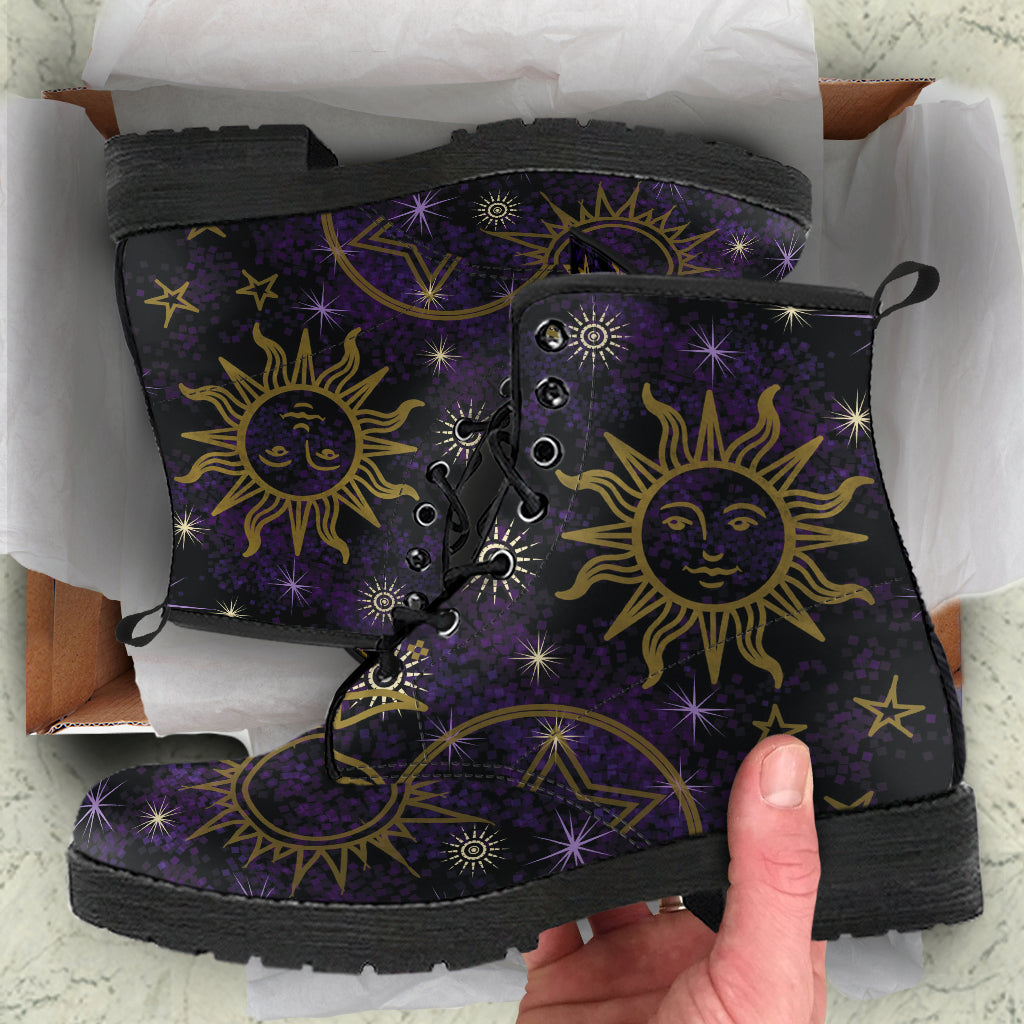 Dark purple boots, celestial boots, ankle boots, lace-up boots, witchy boots