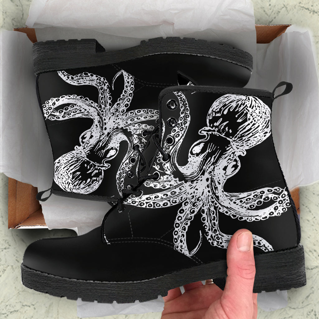 Goth octopus boots, black white boots, ankle boots, kracken boots