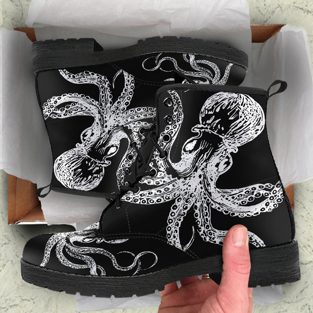 Black White Octopus Vegan Ankle Boots
