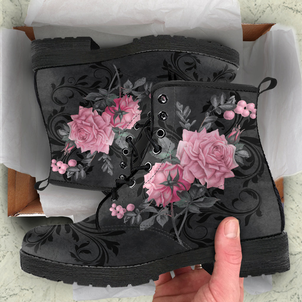 Black combat outlet boots with roses